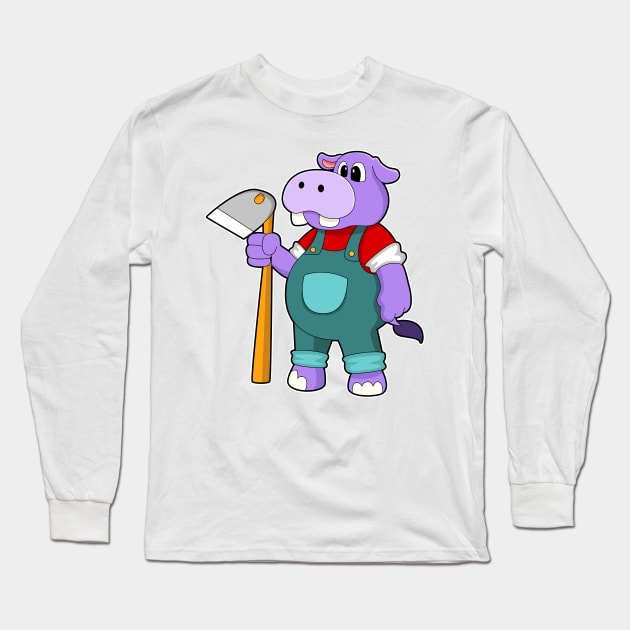 Hippo as Farmer with Garden hoe Long Sleeve T-Shirt by Markus Schnabel